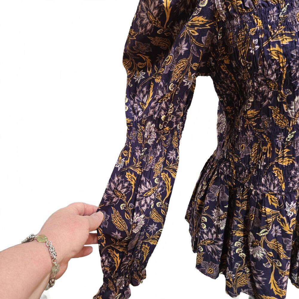 Universal Thread Long Puff Smocked Sleeve Purple Floral Peplum Shirt Size M - Picture 3 of 7